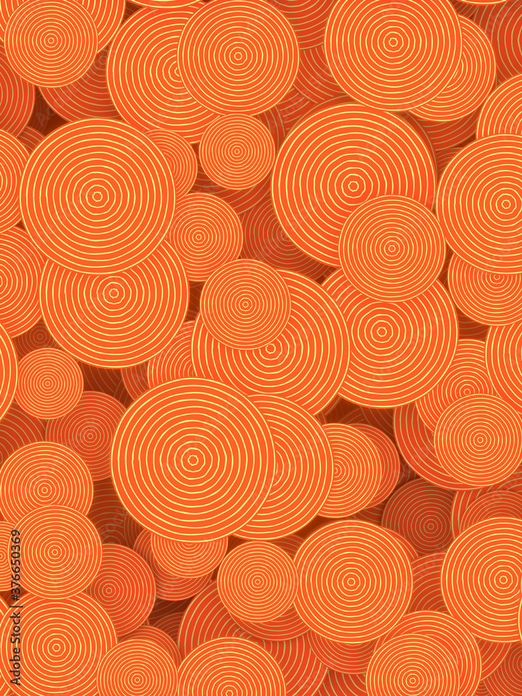 Poster 3d rendering composition with orange colored hypnotic circles pattern