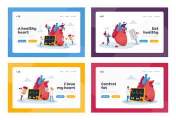 Obraz na płótnie Canvas Cardiology Landing Page Template Set. Tiny Doctor Characters with Drugs and Equipment at Huge Human Heart Measure Pulse