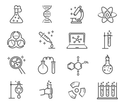 Large set of black and white laboratory icons showing tests, glassware, radioactivity and molecular diagrams, vector illustration