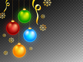 Glossy Christmas Balls Hang with Golden Snowflakes and Ribbon on Black Png Background.