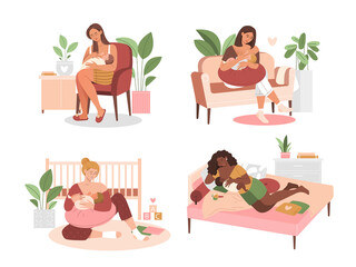 Set of four diverse breastfeeding mothers suckling their babies on chairs and sofas at home, colored vector illustration