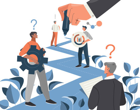 Business line or development process created by Entrepreneur with a businessman with question mark and workers with gears and charts, colored vector illustration