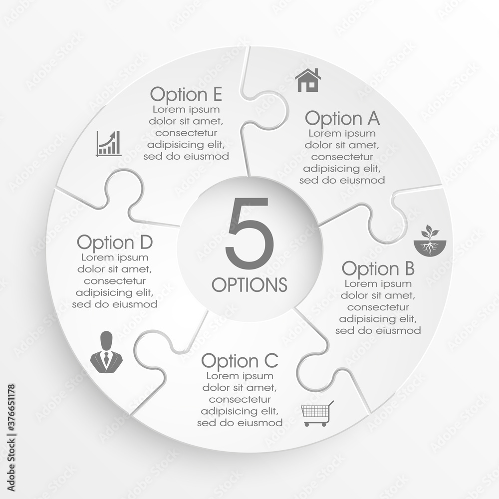 Fototapete Five sided 3d puzzle presentation infographic template with explanatory text field for business statistics