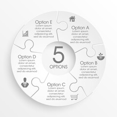 Five sided 3d puzzle presentation infographic template with explanatory text field for business statistics