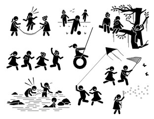 Healthy lifestyle of active children playing outside stick figures icons. Vector illustrations of kids climbing tree, running, catching butterfly, splashing water, playing kite, football, and bubbles.