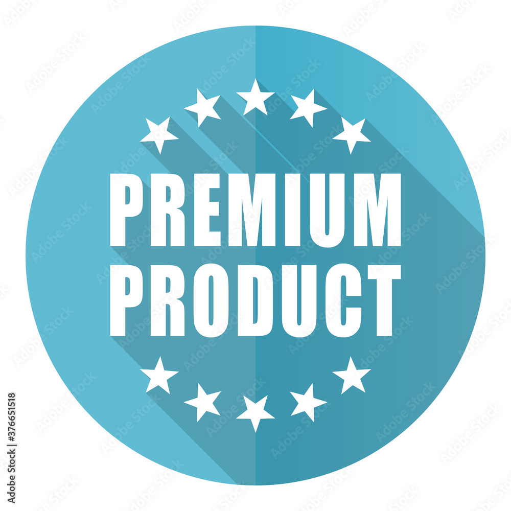 Poster premium product vector icon, flat design blue round web button isolated on white background
