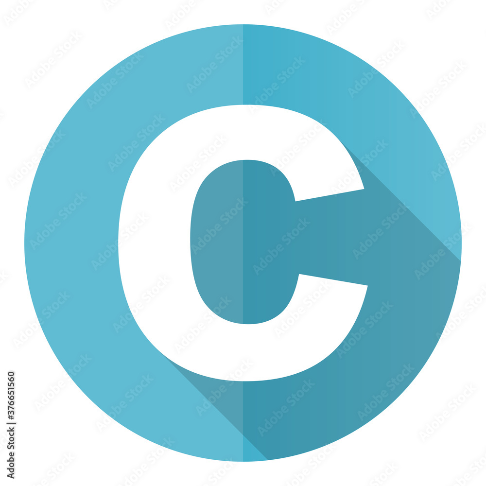 Poster copyright vector icon, flat design blue round web button isolated on white background