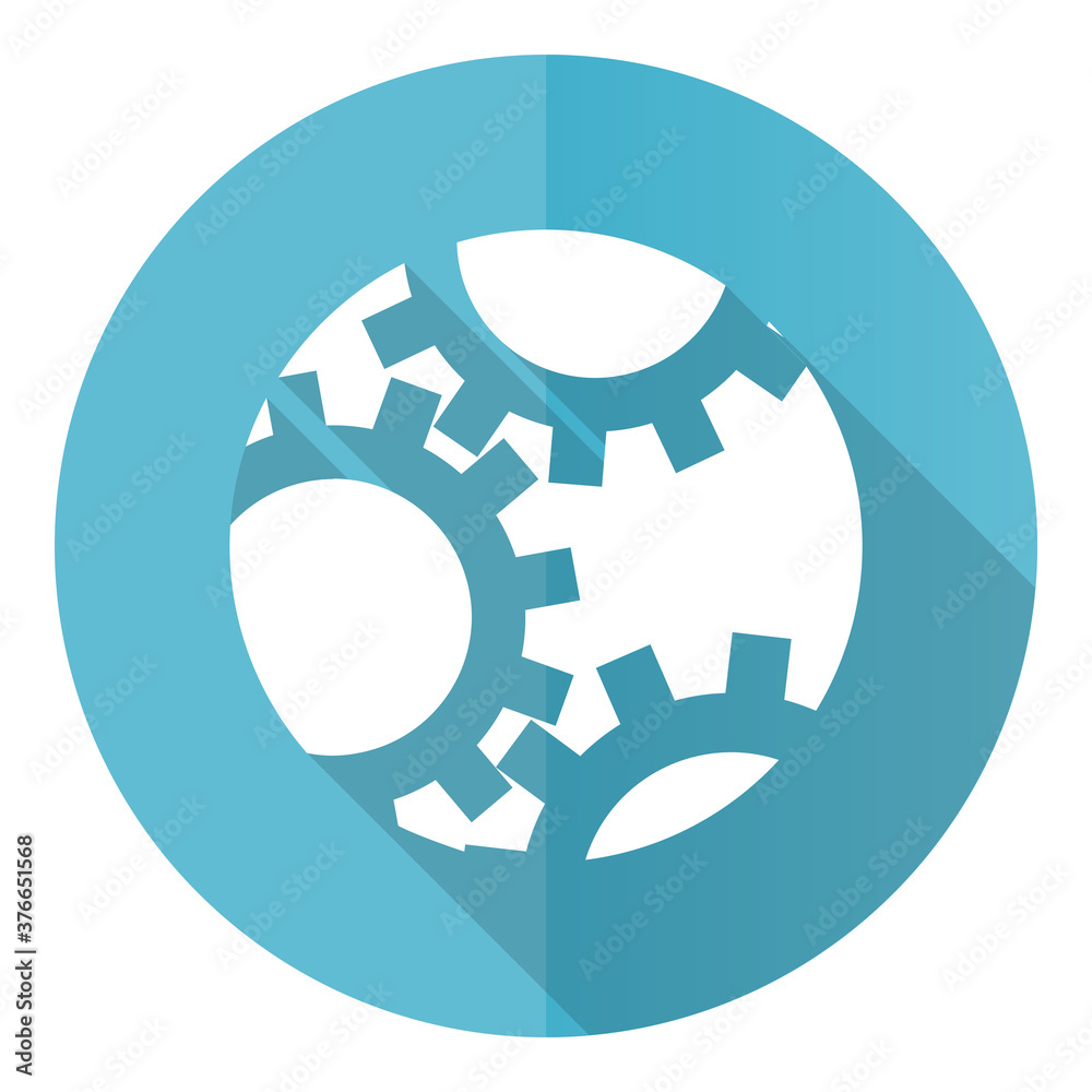Poster gear vector icon, flat design blue round web button isolated on white background