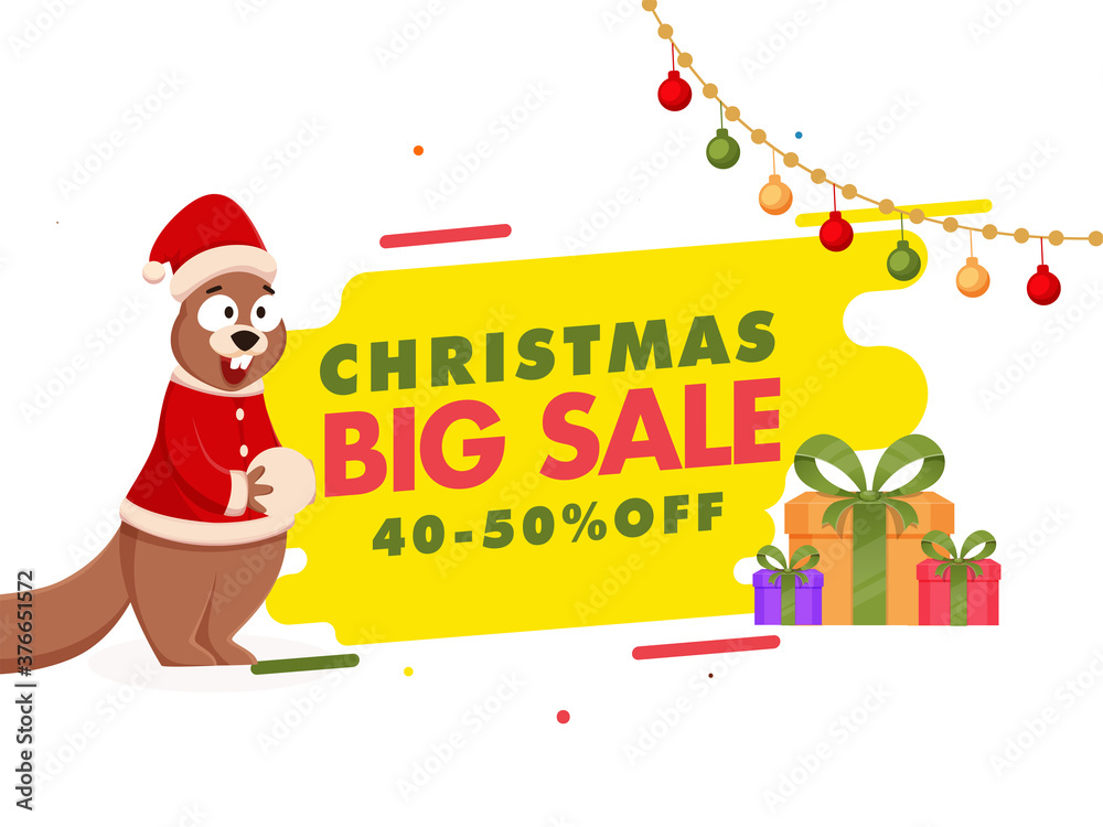 Sticker Christmas Big Sale Poster Design with 40-50% Discount Offer, Gift Boxes and Cartoon Squirrel Holding Snowball on White and Yellow Background.