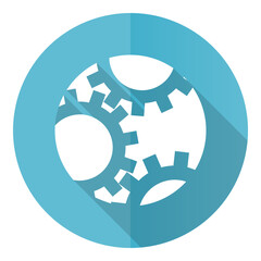 Gear vector icon, flat design blue round web button isolated on white background