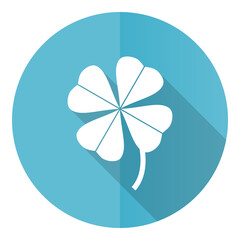 Four-leaf clover vector icon, flat design blue round web button isolated on white background