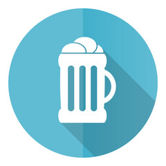 Beer vector icon, flat design blue round web button isolated on white background