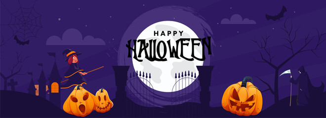 Full Moon Purple Background with Spooky Pumpkins, Haunted House, Cartoon Witch and Grim Reaper Character for Happy Halloween Celebration.