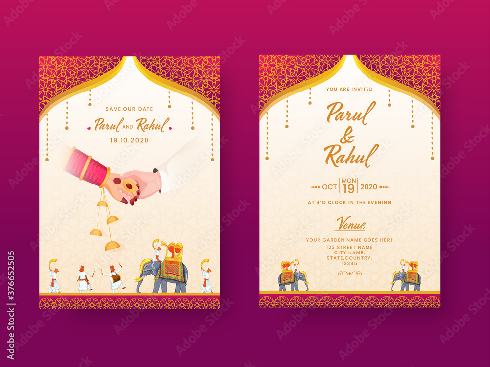 Canvas Prints indian wedding invitation card, template layout with venue details in front and back view.