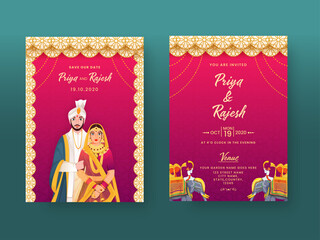 Indian Wedding Invitation Card in Mandala Pattern with Couple Character and Venue Details.