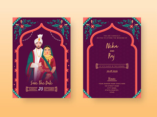 Vintage Wedding Invitation Card or Template Layout with Indian Couple Character in Front and Back View.