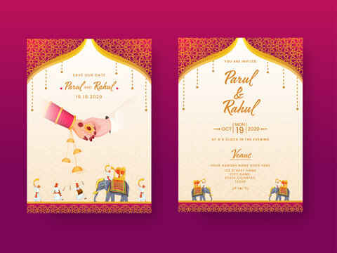 Traditional Sindhi Cartoon Couple Theme Wedding Invitation Card Decorated  With Yellow Background And Floral Motifs  SeeMyMarriage