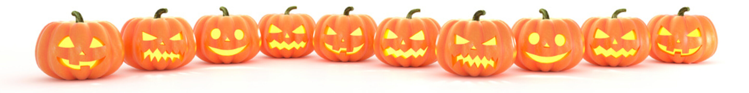 Many Halloween Pumpkins in a row isolated on white background. Wide image. 3d rendering