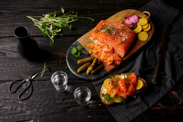 Vodka and juniper berries gravlax