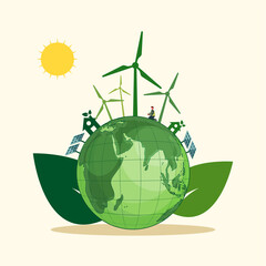 Obraz premium Green Eco Earth Globe with Windmills, Solar Panels, Huts and Man Planting on Sunshine Background.