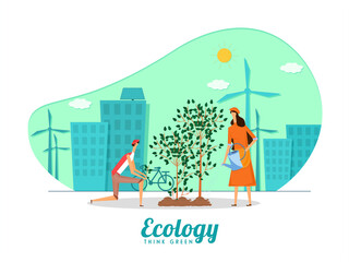 Cartoon Man and Woman Planting on Green City Background for Ecology Think Green Concept.