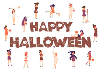 Vector illustration with young women in witch costumes and hand drawn lettering Happy Halloween isolated on white background. Design for print, card, invitation, decor