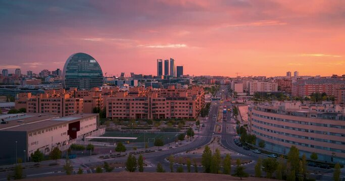 Madrid skyline day to night time lapse. beautiful  sunset from Las Tablas.
