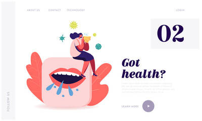 Diseased Woman with Weak Immunity Landing Page Template. Ill Female Character Sneezing with Runny Nose Suffer of Virus