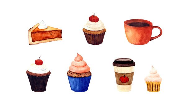 Pumpkin Drink With Cupcake. Autumn Dessert. Coffee In A Disposable Cup With Muffin. Watercolor Illustration.