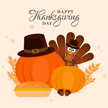 Illustration of Cartoon Turkey Bird Wearing Pilgrim Hat with Pumpkins, Acorn, Wheat Ear and Pie Cake on White Background for Happy Thanksgiving Day.