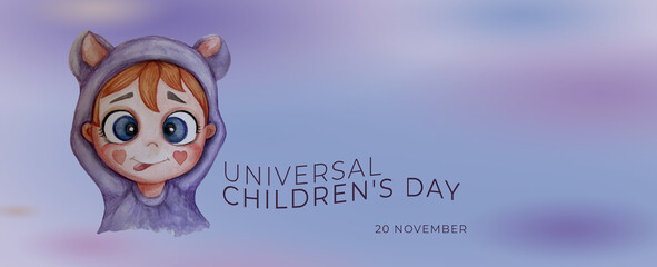 World Childrens Day. holiday 20 November. Horizontal banner with a cute, funny baby with his tongue hanging out in purple kigurumi pajamas. Watercolor hand drawing. For design and decoration