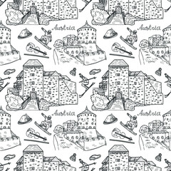 Seamless pattern with cute hand drawn Austria related icons. Vector collection.