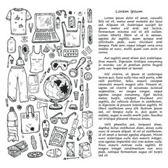 Illustration with hand drawn garbage. Plastic pollution collection. Vector