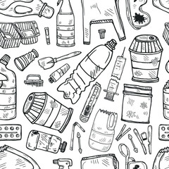 Seamless pattern with hand drawn garbage. Plastic pollution collection. Vector