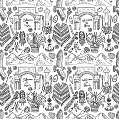 Seamless pattern with cute hand drawn Peru related icons. Vector travel collection. 