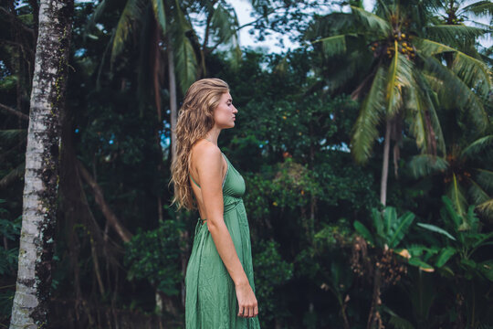 Woman In Cool Trendy Dress On Big Foliage Background