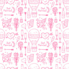 Seamless pattern with cute hand drawn Wedding icons. Love collection. Vector