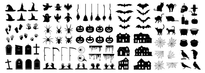 Set of Happy Halloween silhouettes. Collection spooky icons for celebration. Creepy decorations on white background. - obrazy, fototapety, plakaty