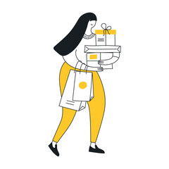 Cute cartoon woman holding bags and purchases in her hands. Shopping, shopper, customer, client, sales. Flat line vector illustration on white.