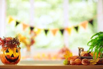 Halloween decoration. Pumpkin lantern. Autumn leaf