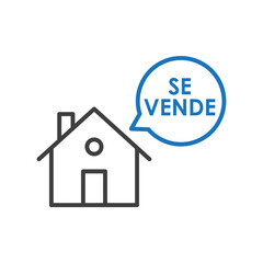 Concepto Real Estate. Venta de inmuebles. Icono plano lineal casa con texto Se Vende en español en burbuja de habla en gris y azul