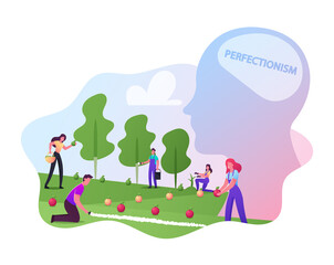 Fototapeta premium Perfectionism, Male or Female Gardener Characters Put Apples in Even Row Collecting and Sorting them by Colors and Sizes