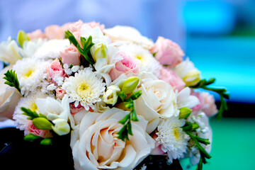 Wedding day white and pink roses bouquet