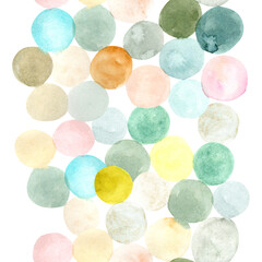 colored watercolor circles hand drawn by a stripe of natural pastel colors on a white seamless background for use in design, textiles, wallpaper for children, wrapping paper, print on stationery