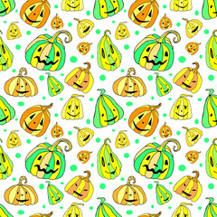 Halloween seamless pattern with yellow green pumpkins isolated on white background. Funny doodle art. Orange Jack lanterns. Vector illustration for card design and fall decoration.