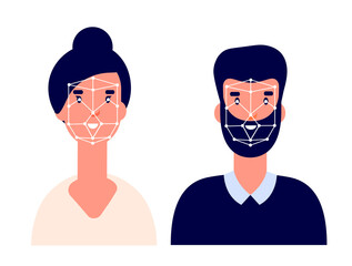 Id system. Facial identification, flat biometric technology. Face recognition or identity access profile. Safety verification vector concept. Illustration recognition identification, safety id