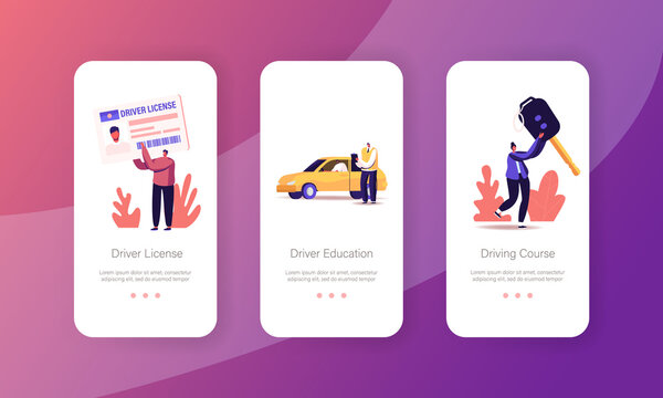 People Studying in School for Driver License Mobile App Page Onboard Screen Template. Characters Learning to Drive Car