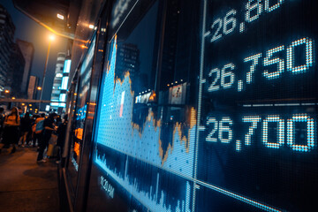 Financial stock exchange market display screen board on the street, selective focus