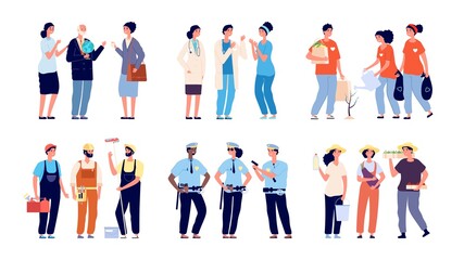 Groups of professionals. Essential workers, social service and volunteers. Isolated teachers doctors farmer repairman characters. Different professions vector illustration. Essential worker occupation