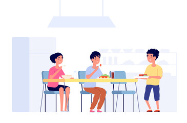 Fototapeta premium Children on lunch. School kids eating, cafeteria room table. Flat students in canteen meeting new friend, dining time vector illustration. Children dinner in canteen school breakfast eating